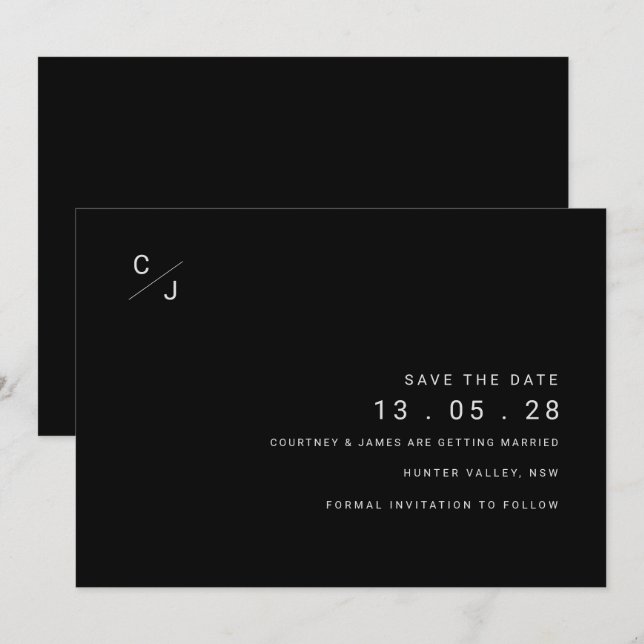 Convite de salvar a data moderno preto e branco (Frente/Verso)