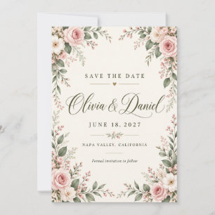 Convite de Salve o Dia Blush Rose Floral Frame