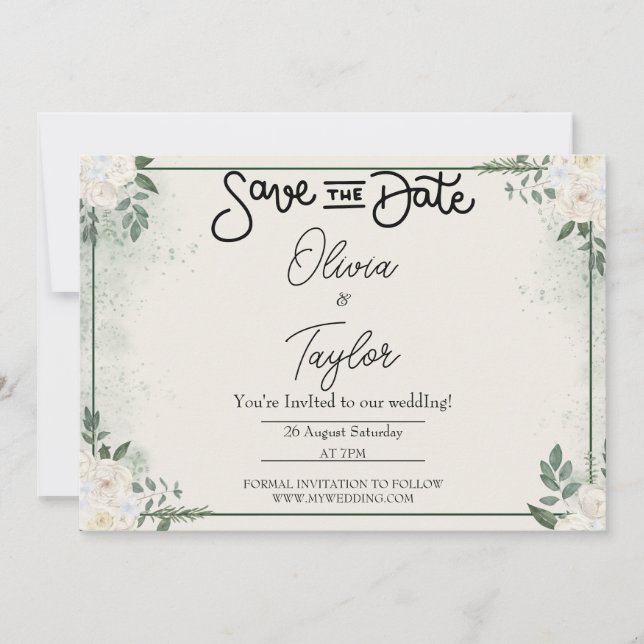 Convite de Save The Date Caprichoso com Folhagem (Frente)