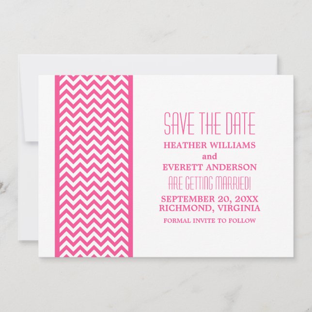 Convite de Save the Date com Borda de Chevron Rosa (Frente)