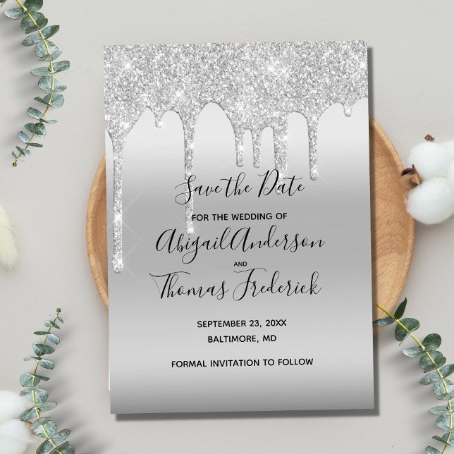 Convite de Save The Date com Brilho Prateado Glam (Criador carregado)