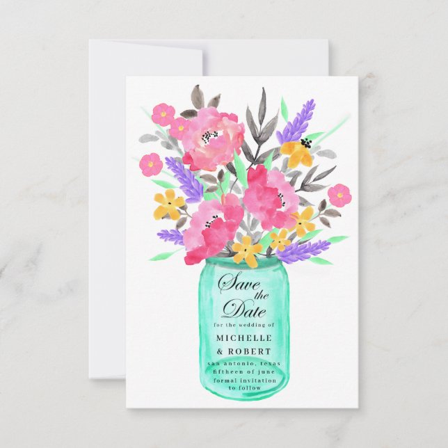 Convite de Save the Date com Buquê Floral em Pote  (Frente)