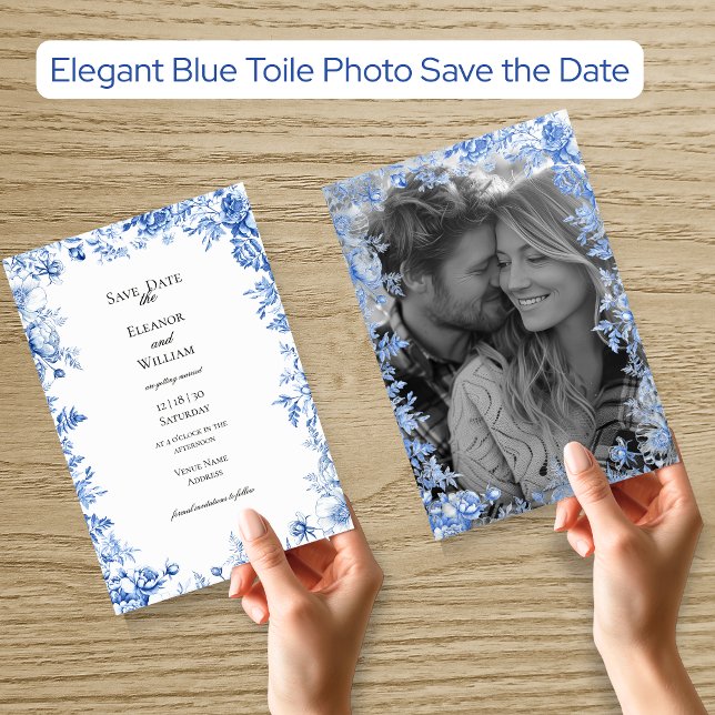 Convite de Save the Date com Foto em Toile Azul El (Elegant Blue Toile Photo Save the Date Invitation
)