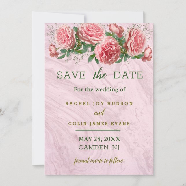 Convite de Save the Date com Rosas Rosas e Folhage (Frente)