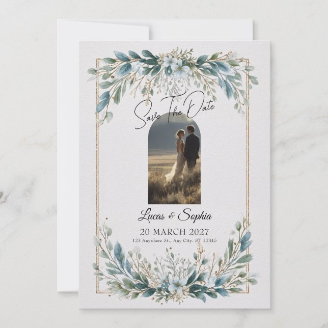 Convite de Save the Date com Vegetação Azul Elegan (Frente)
