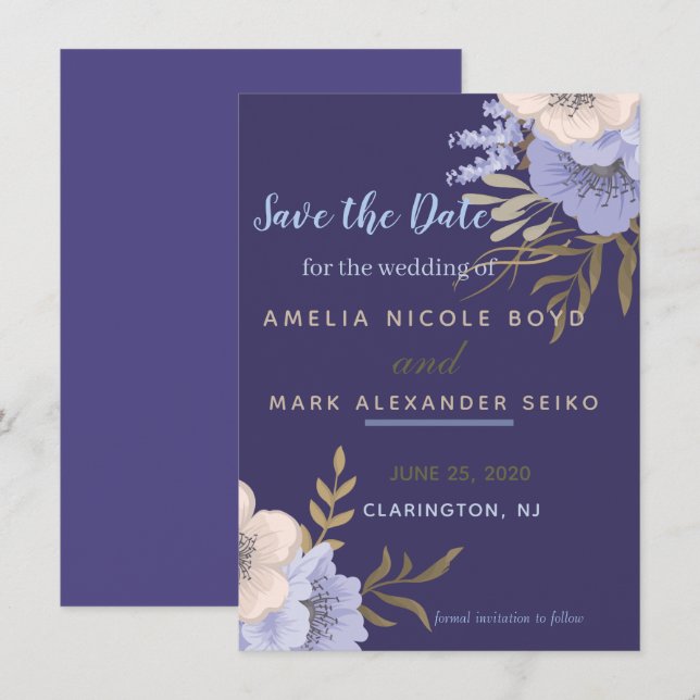 Convite de Save the Date de Anêmona Periwinkle Clá (Frente/Verso)