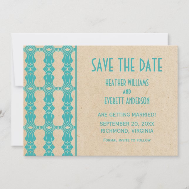 Convite de Save the Date de Borda Art Déco Aqua (Frente)