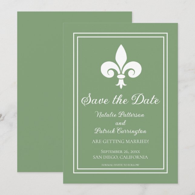Convite de Save the Date de Fleur de Lis Verde Mus (Frente/Verso)