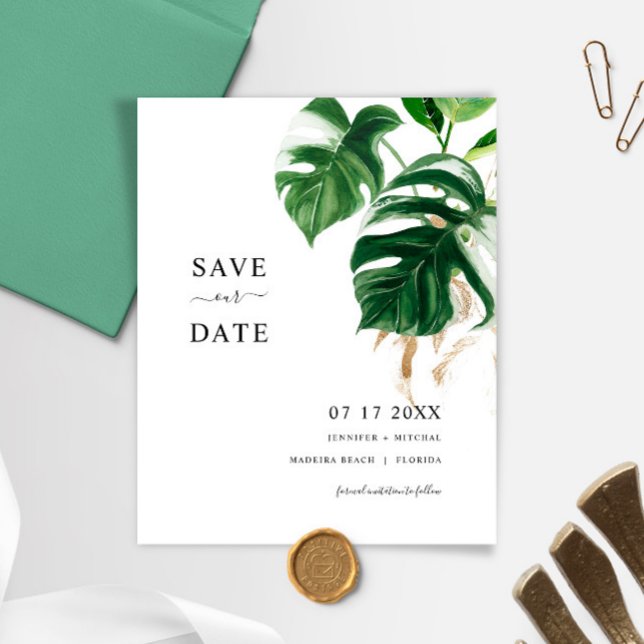Convite de SAVE THE DATE de Folhas Tropicais Orçam (Criador carregado)