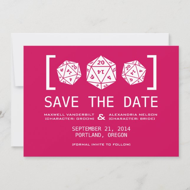 Convite de Save the Date de Jogo com Dado D20 Rosa (Frente)