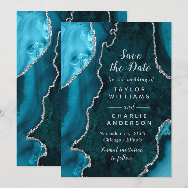 Convite de Save the Date de Mármore Azul Teal e Pr (Frente/Verso)