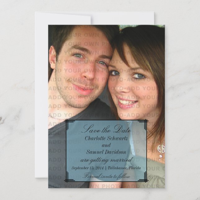 Convite de Save the Date de Moldura Art Déco Azul (Frente)