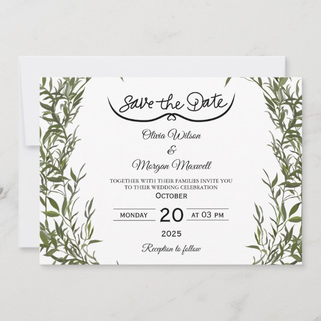 Convite de Save The Date Elegante com Folhagem (Frente)