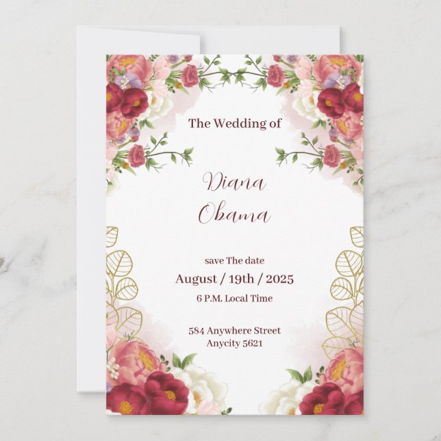 Convite de Save The Date Floral Aquarela Dourado V (Frente)