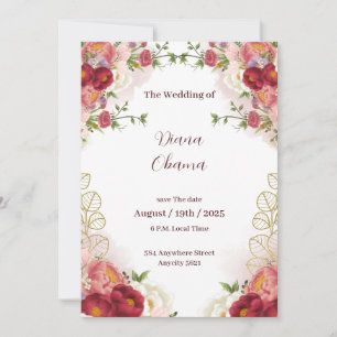 Convite de Save The Date Floral Aquarela Dourado V