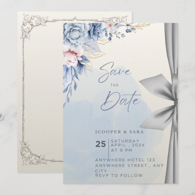 Convite de Save-the-Date Floral Azul Elegante – Ág (Frente/Verso)