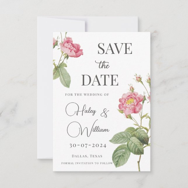 Convite de Save the Date Floral Botânico Rosa Rosa (Frente)