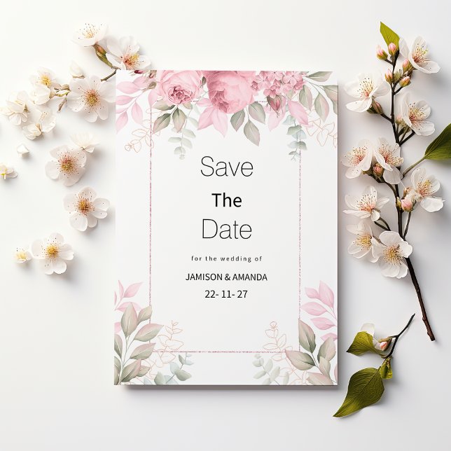 Convite de Save The Date floral em aquarela rosa m (Watercolor blush pink mint floral Save The Date )