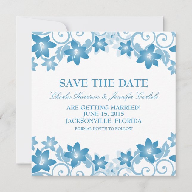 Convite de Save the Date Floral Simples Azul (Frente)