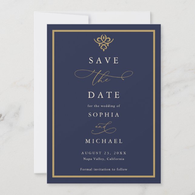 Convite de Save the Date Old Money Azul Marinho (Frente)