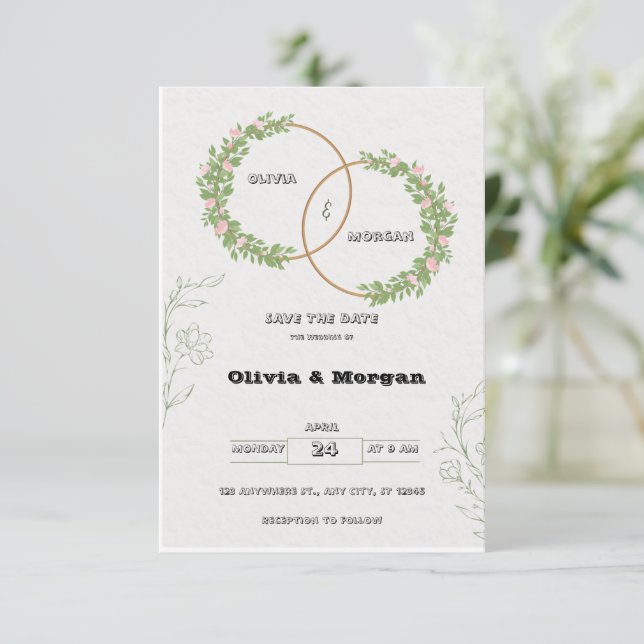 Convite de Save the Date Simples Verde e Branco (Em pé/Frente)