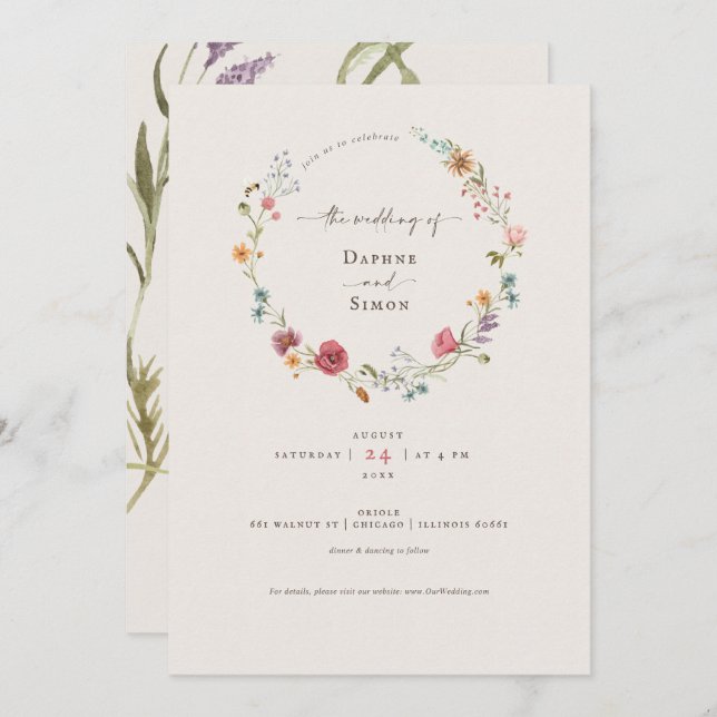 Convite de Script de Aquarela de Flores Selvagens (Frente/Verso)