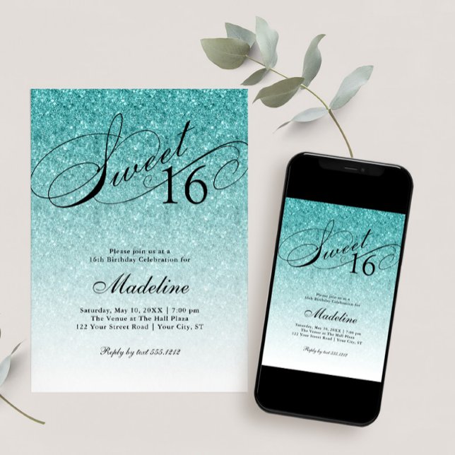 Convite de Script de Rico Aqua Blue Glitter Sweet  (Criador carregado)