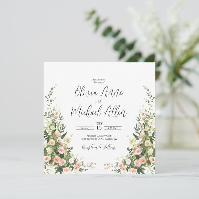 Convite de Script Elegante De Aquarela Floral Cor- (Em pé/Frente)