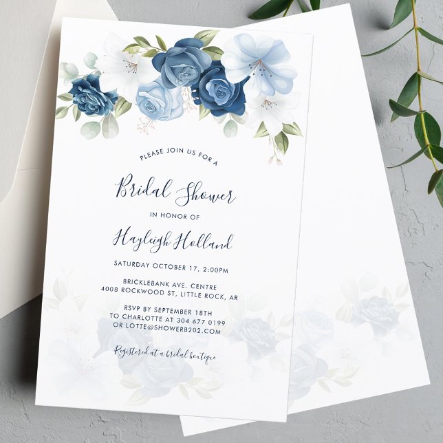 Convite de Script Floral Azul chá de panela Dusty (Floral Dusty Blue Watercolor Bridal Shower Invitation)