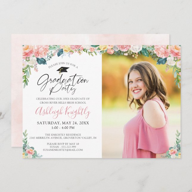 Convite de Script Floral Cor de Água Rosa Rosa de  (Frente/Verso)