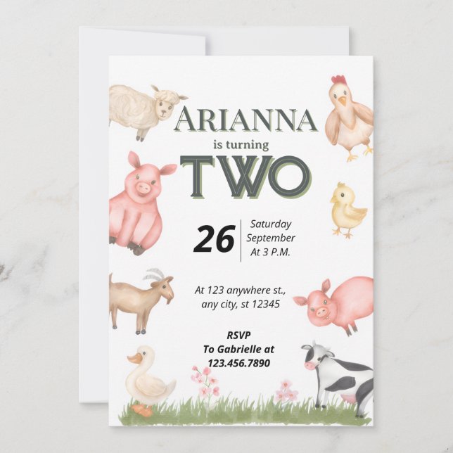 Convite de Segundo Aniversário de Animais da Fazen (Frente)