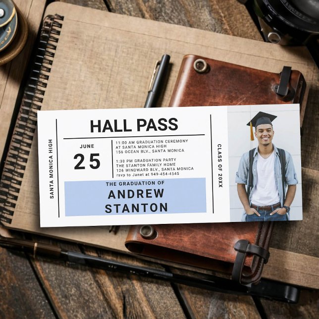 Convite de Segundo grau Azul para Partido de Forma (boy graduation party ideas high school hall pass invitation template male grad diy personalized blue)