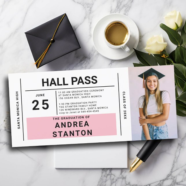 Convite de Segundo grau Rosa para Partido de Forma (graduation party ideas high school hall pass invitation template grad diy personalized pink ticket)