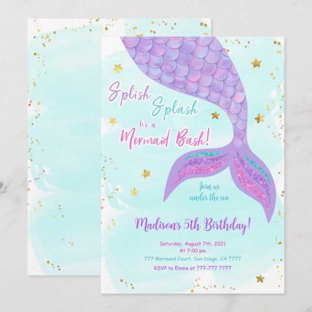 Convite de Sereia Infantil Sob O Mar (Frente/Verso)