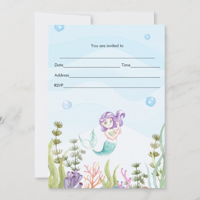 Convite de Sereia Preenchimento em Aquarela (Frente)