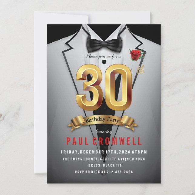 Convite de Smoking para 30º Aniversário (Frente)