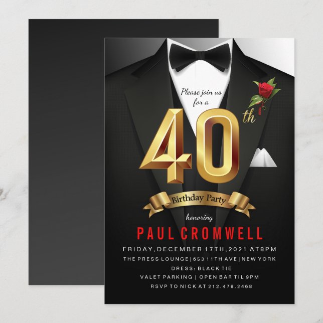 Convite de Smoking para 40º Aniversário (Frente/Verso)