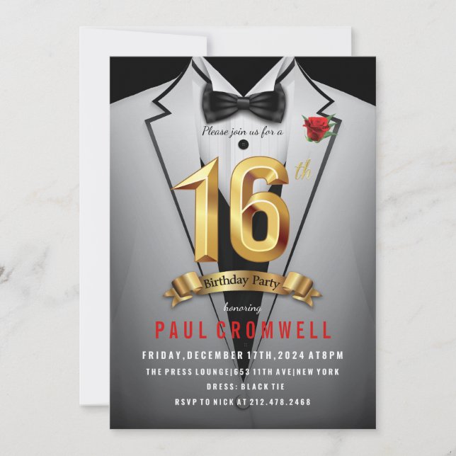 Convite de Smoking para Aniversário de 16 Anos (Frente)