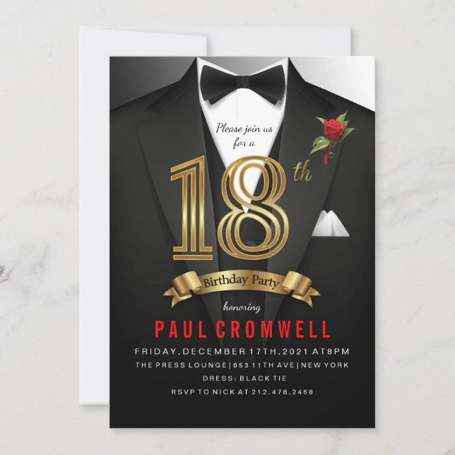 Convite de Smoking Preto para 18 Anos (Frente)