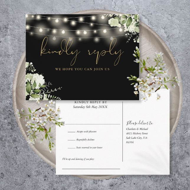 Convite de Solicitação de Música Luzes Florais de  (Black Gold Floral String Lights Song Request RSVP Invitation Postcard
)
