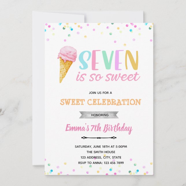 Convite de sorvete Seven is so sweet (Frente)