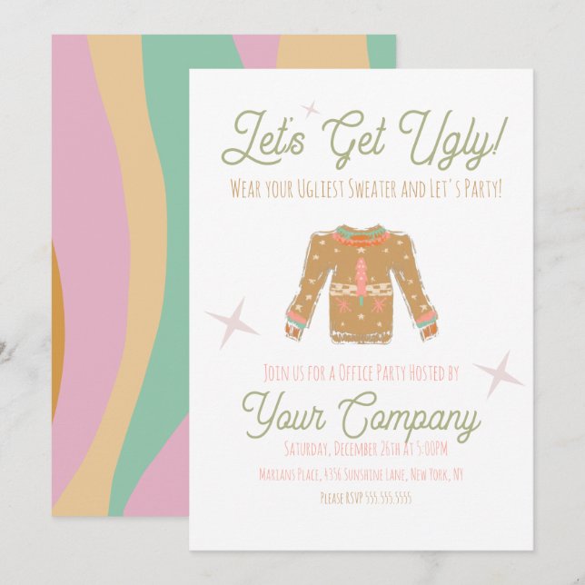 Convite de Suéter Feio para Festa de Natal Retrô (Frente/Verso)