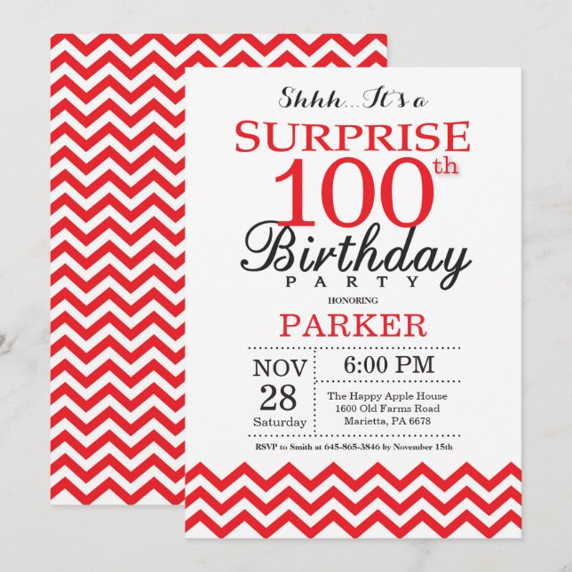 Convite de Surpresa de 100 Anos com Chevron Vermel (Frente/Verso)