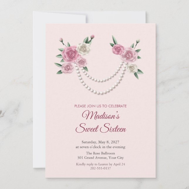 Convite de Sweet 16 de Colar de Pérolas e Rosas Ro (Frente)