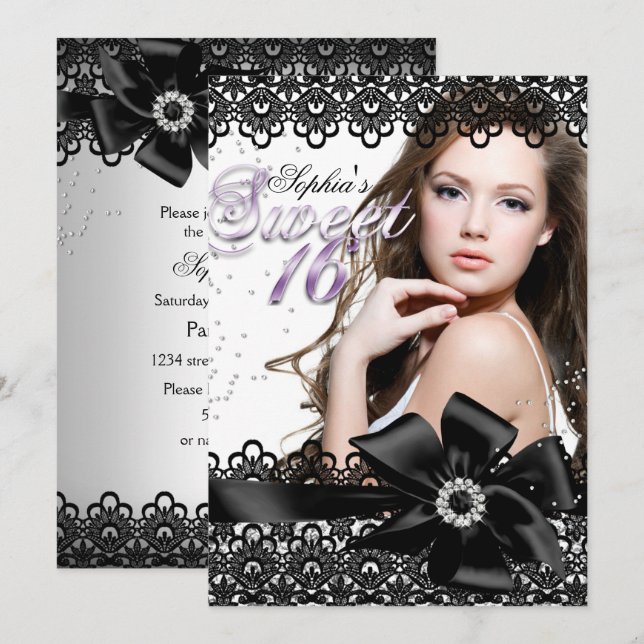Convite de Sweet 16 de Foto com Renda Roxa Preta P (Frente/Verso)