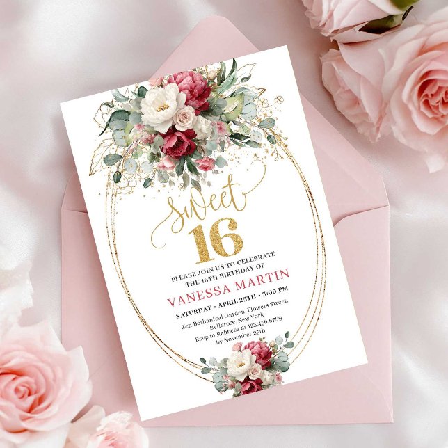Convite de Sweet 16 Floral Vermelho Dourado Modern (Modern Red Burgundy Gold Floral Sweet 16 Invitation)