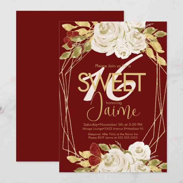 Convite de Sweet 16 Marfim com Florais Vinho Monog (Frente/Verso)