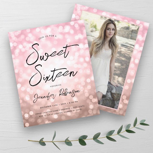 Convite de Sweet 16 Moderno em Dourado Rosa Foto O (Budget Modern Rose Gold Photo Sweet 16 Invite)