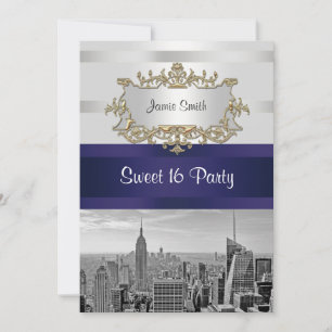 Convite de Sweet 16 NYC Skyline BW 05 Branco Azul
