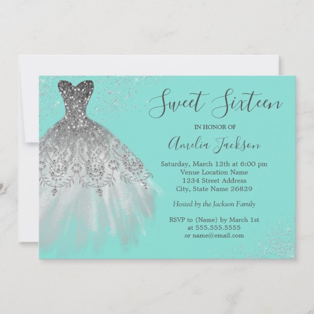 Convite de Sweet Sixteen de Elegante Vestido Verde (Frente)